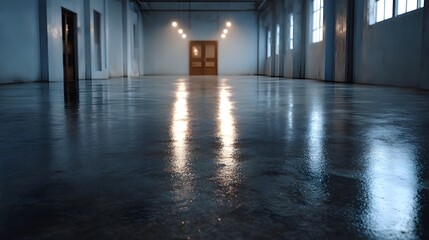 Wet reflective concrete floor in an empty industrial hall with overhead lights casting reflections