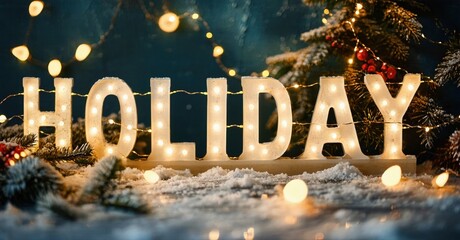 Bright holiday message spelled with illuminated letters. Snow covers ground, festive lights twinkle. Winter scene evokes joy, celebration.