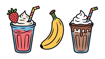 Refreshing Sweet Treats: Capturing the enticing allure of vibrant fruity drinks and a fresh banana, the scene radiates a sense of joy and simple indulgence.