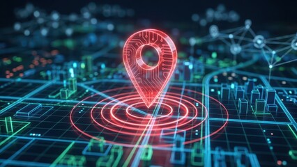 Futuristic Digital Map with Glowing Red Pin. Ai generation