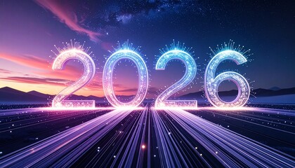 Glowing 2026 numbers in futuristic neon landscape with sunset