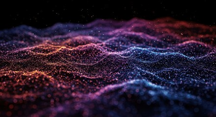 Illuminated network of glowing particles forms an undulating abstract surface against a dark backdrop.