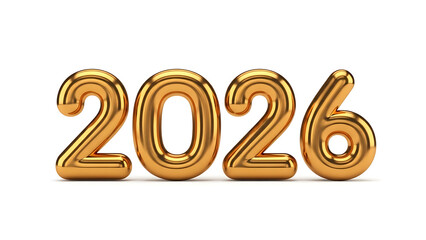 Golden 3D inflated numbers 2026 on white background, shiny and reflective