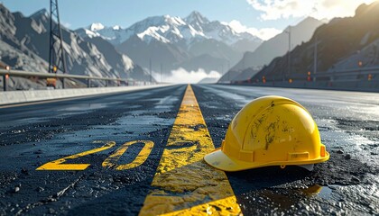 Yellow hard hat on road with mountain landscape background