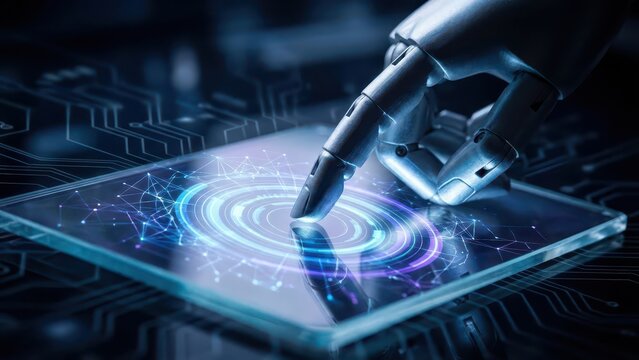Robot Finger Touching Digital Interface. Ai generation - Powered by Adobe