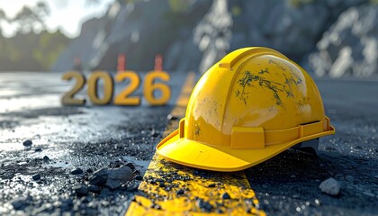 Yellow hard hat on construction site with 2026 date