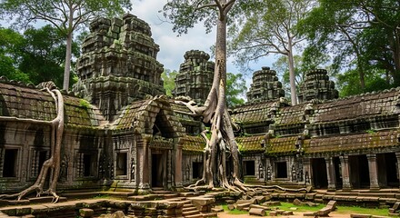 Ancient Temple Ruins in Lush Green Jungle Landscape.