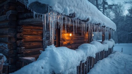 Cozy log cabin on a snowy winter night