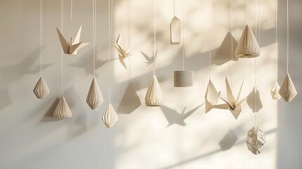 Delicate paper ornaments hanging from ceiling in soft light