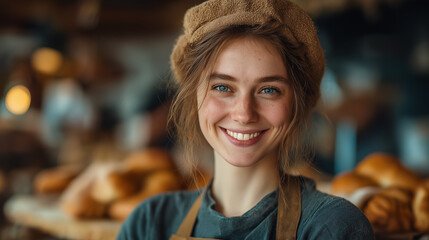 Smiling Artisan Baker: Young Woman in Traditional Bakery Baking Fresh Bread & Pastries Using Sustainable Practices - Cheerful Portrait in Welcoming Rural Setting