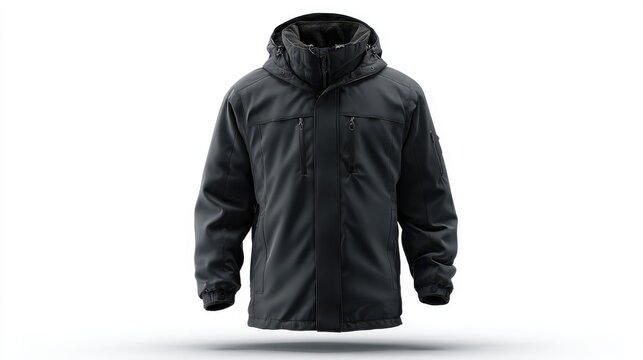 Black men's winter jacket isolated on white background