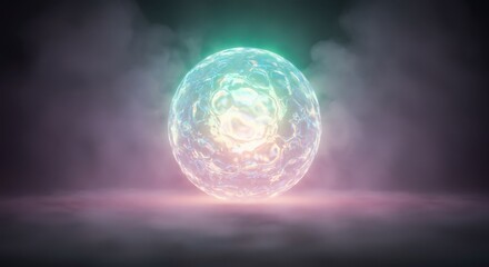 Glowing iridescent energy sphere rests upon a misty surface emitting ethereal light