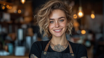 Smiling Barista with Tattoos in Urban Coffee Shop: Capturing Youthful Energy and Professional Service