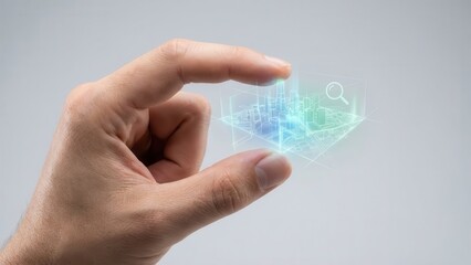 Hand Holding Holographic City Model. Ai generation