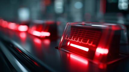 AI control center with red warning lights flashing, holographic interface showing overload data