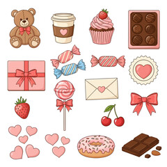  Valentine's Day sticker set with teddy bear, heart, gifts and sweets