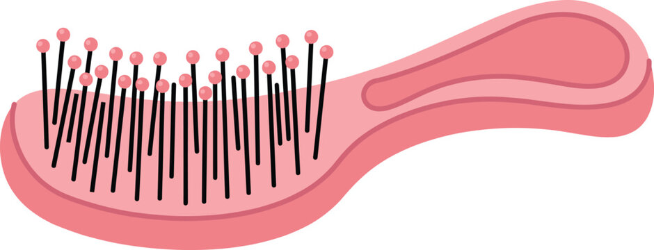 Pink hairbrush vector with curved handle, wide base, and rounded bristle tips illustration