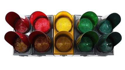 An artistic watercolor set of colorful traffic lights isolated on a white background, featuring a vibrant rainbow palette of red, yellow, green, and blue glass textures with abstract paint brushes