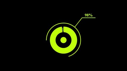 Abstract 98% circle diagram animation, 98% pie charts with business data visualization dashboard animated on black background. 4k