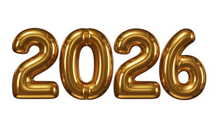 Golden balloons forming 2026 on white background, New Year's celebration