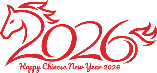 Happy Chinese New Year 2026 Calligraphic Horse Vector Design – Stylized Red Zodiac and Lunar Date Typography © Arief