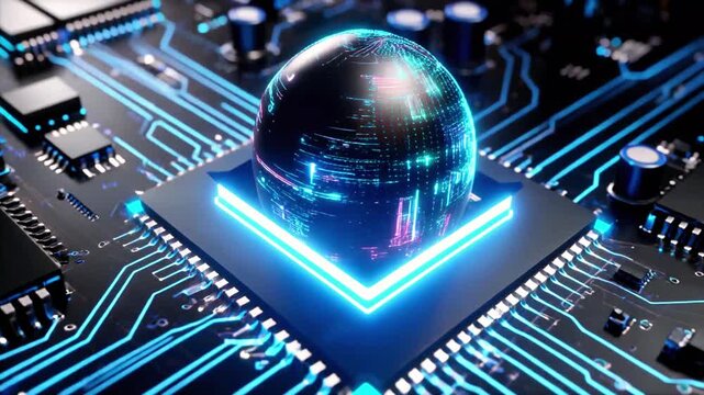 A glowing sphere hovers above a microchip on a circuit board, symbolizing AI integration in futuristic hardware.