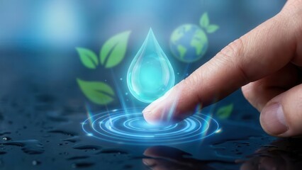 Finger Touching Water Drop with Eco Icons. Ai generation