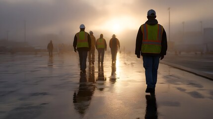 Workers in reflective vests walk on a wet surface at dawn enveloped in mist