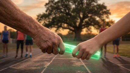 Hands Passing Baton in Relay Race. Ai generation