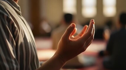 Closeup of person with hand raised in prayer or gesture