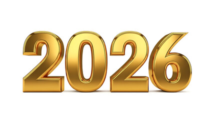 Golden 3D 2026 Numbers on White Background, Shiny Metallic Year