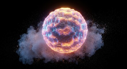 Glowing spherical object emits energy and dissipates matter against a dark background