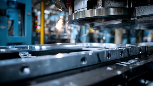 Medium shot of aluminum stamping machine creating lightweight vehicle body parts emphasizing durability and corrosion resistance.