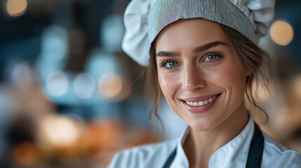Professional Chef Smiling in Restaurant Kitchen: Culinary Skills and Teamwork in Action