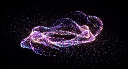 Glowing, swirling cloud of iridescent particles forming an abstract shape against a deep black background
