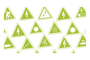 Set of Green Triangular Electrical and Hazard Warning Safety Signs Icons