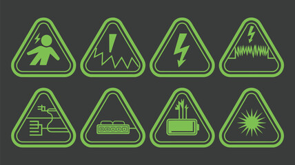 Set of Neon Style Glowing Hazard Warning Safety Signs Icons on Dark Background