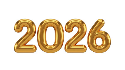 Golden balloons spelling 2026 on white background, new year celebration