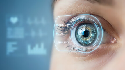 Close-up of human eye with futuristic digital display