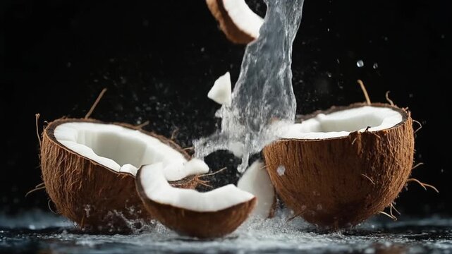 Coconuts splashing in water on dark surface