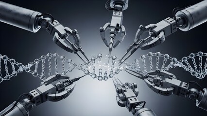 Futuristic robotic arms editing dna helix structure for genetic engineering and crispr technology