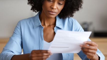 Person reviewing annual bonus summary on printed document, clean desk composition, professional calm mood, copy space