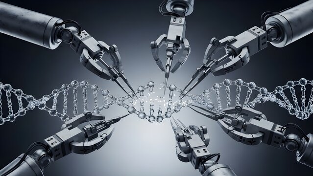 Futuristic robotic arms editing dna helix structure for genetic engineering and crispr technology