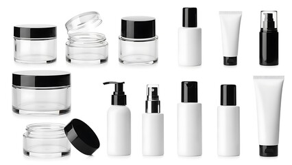 Obraz premium Collection of empty cosmetic bottles and tubes on white background