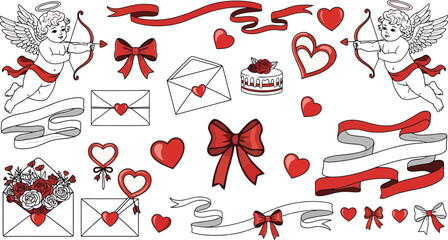 Cute elements decorated with whimsical bows, hand-drawn valentine&rsquo;s day and romantic icons, elements for Valentines day, ribbons and heart, wedding or valentine day card invitation