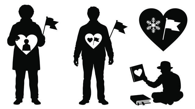 Silhouettes of people holding hearts and flags