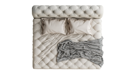 luxury tufted bed with pillows and folded blanket top view modern bedroom furniture isolated on white background