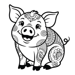 Obraz premium Smiling pig with intricate patterns isolated on white background, Vector, illustration