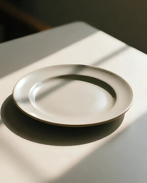 Leerer Keramikteller auf neutralem Tisch