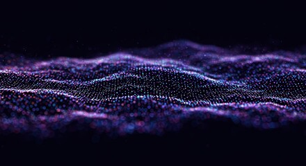 Illuminated digital particles form a dynamic, undulating wave pattern against a dark background.